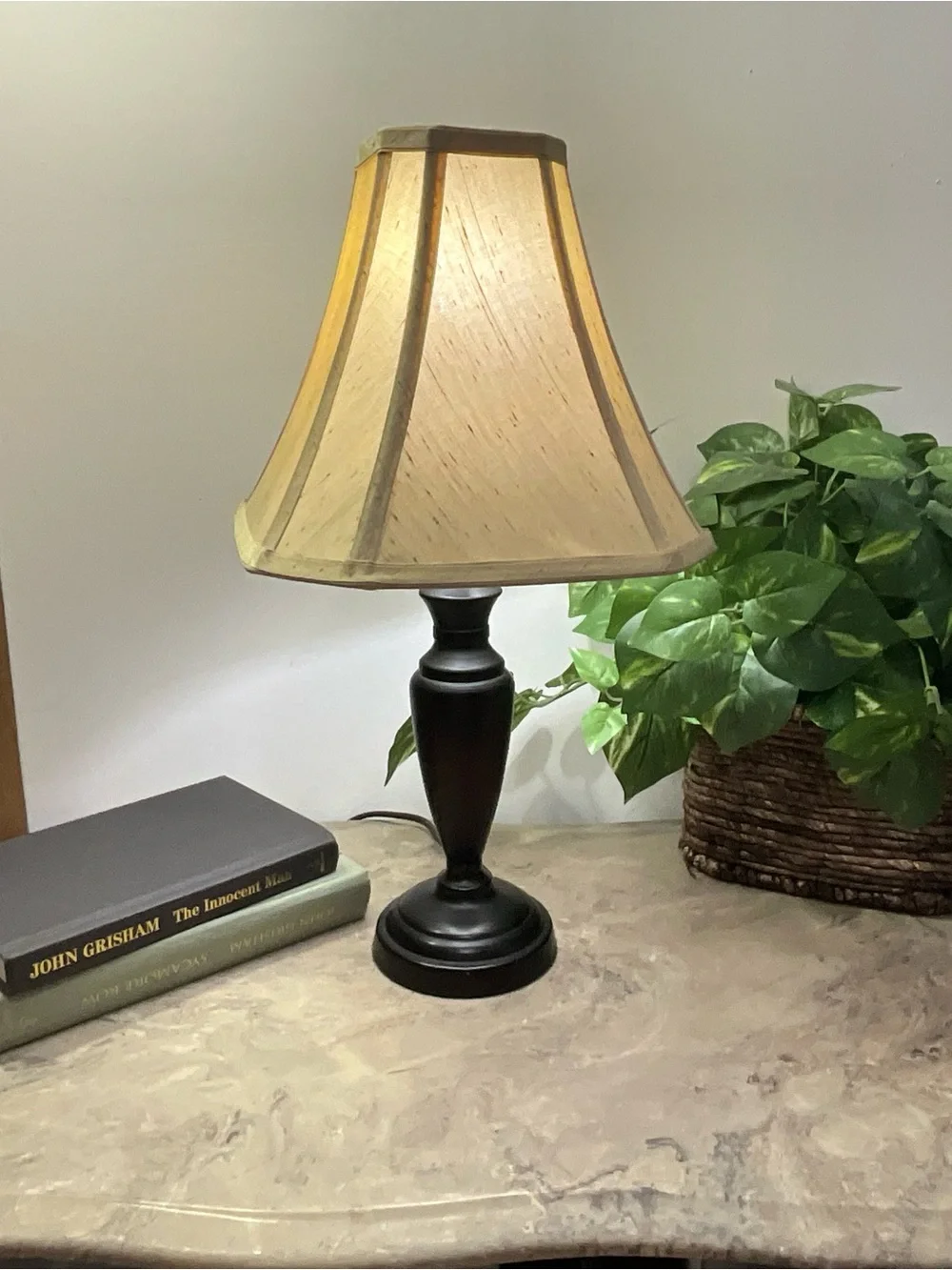 Vintage Brown Metal Lamp with Beige Silk Shade